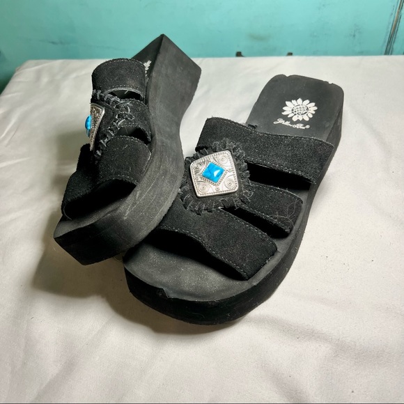 Yellow Box Black Suede Platform Slip-On Sandals with Turquoise and Silver Accent - Picture 9 of 12